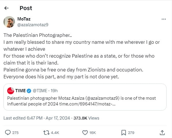 Palestinian photographer Motaz Azaiza featured in ‘Times 100 Most Influential People’