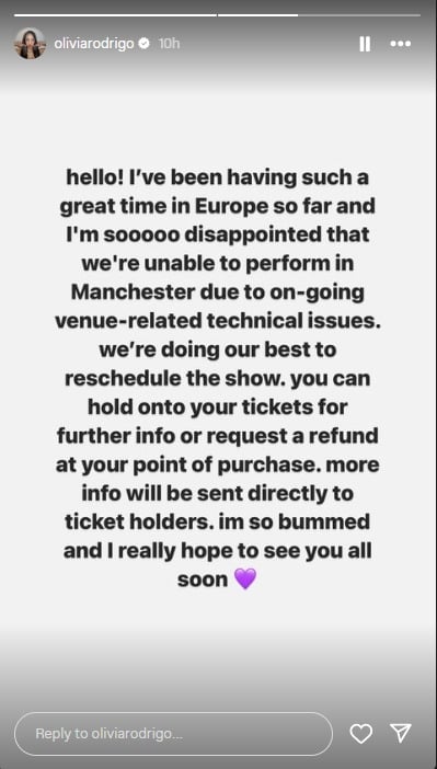 Olivia Rodrigo voices frustration over cancelled Manchester tour dates