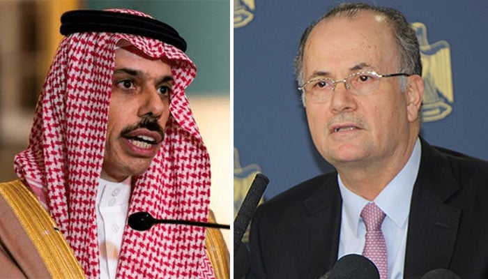 فلسطینی وزیرِ خارجہ ڈاکٹر محمد مصطفیٰ اور سعودی وزیرِ خارجہ شہزادہ فیصل بن فرحان—فائل فوٹوز
