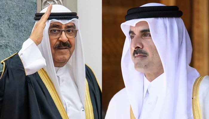 قطر کے امیر شیخ تمیم بن حمد الثانی اور کویت کے امیر شیخ مشعل الاحمد---فائل فوٹو
