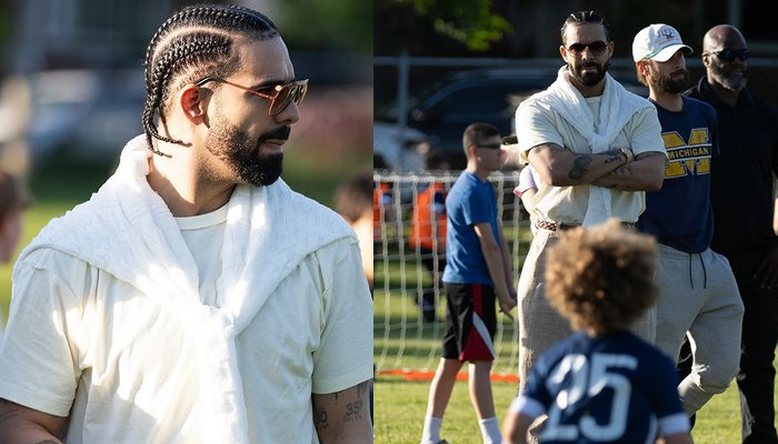 Drake puffs in himself while watching son Adonis play soccer