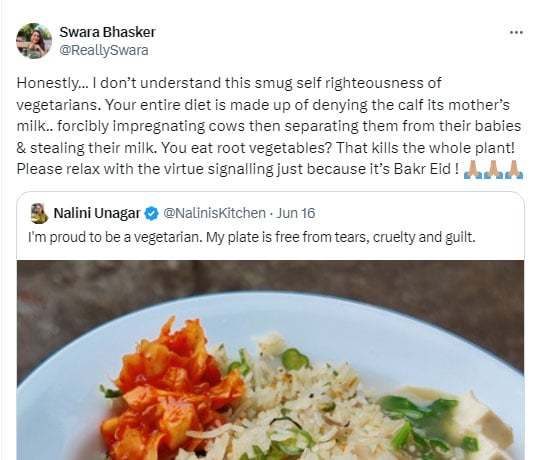 سوارا بھاسکر نے ’سبزی خور‘ فوڈ بلاگر کو آڑے ہاتھوں لے لیا