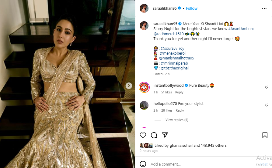 Sara Ali Khan takes inspiration from Bebos golden saree for Anant-Radhikha Merchants Sangeet