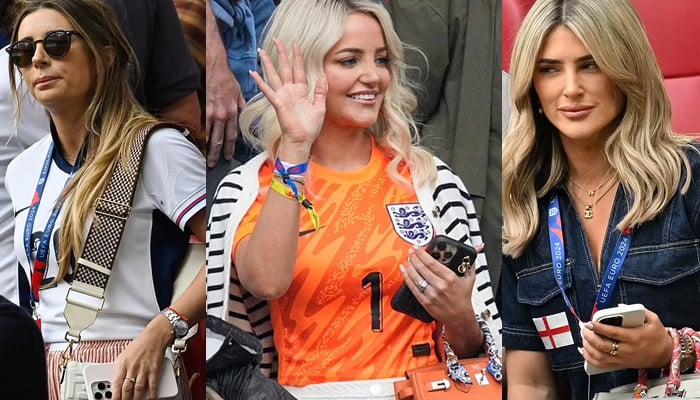 Megan Davison, Dani Dyer, Aine Kennedy cheer for team England