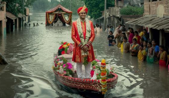 بھارت، دولہا اپنی دلہنیا لینے کشتی میں بارات لے کر پہنچ گیا