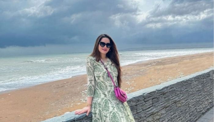 Aiman Khan was a vision in a beachy attire as she posed beside the beautiful waves