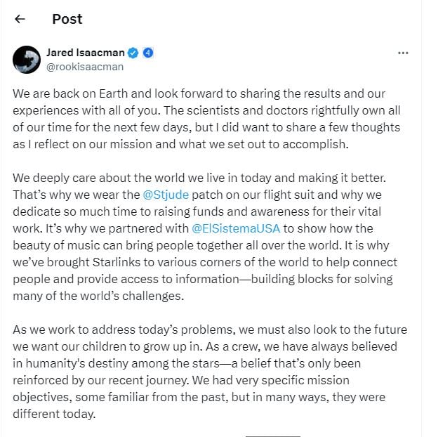 Jared Isaacman breaks silence after historic SpaceX Polaris Dawn mission