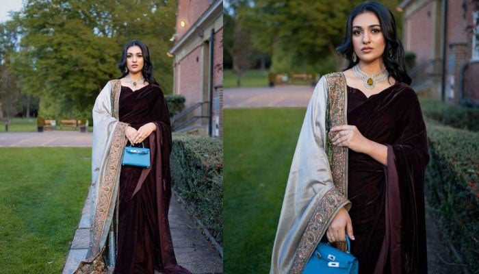 Sarah Khan is an epitome of royalty in a saree she wore at a fan met and greet event in London