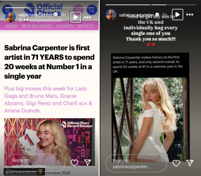 Sabrina Carpenter reacts to smashing UK Charts 71-year record