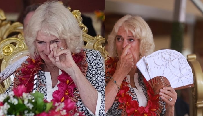 Queen Camilla was spotted wiping away tears during the ceremony