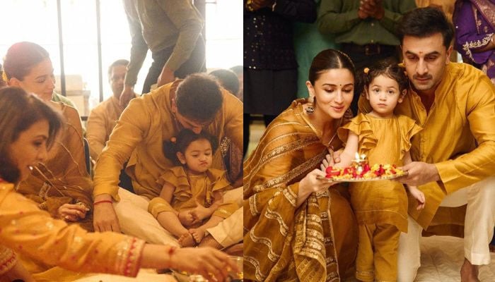 Alia Bhatt, Ranbir Kapoor and daughter Raha were spotted together in golden hues at their new home