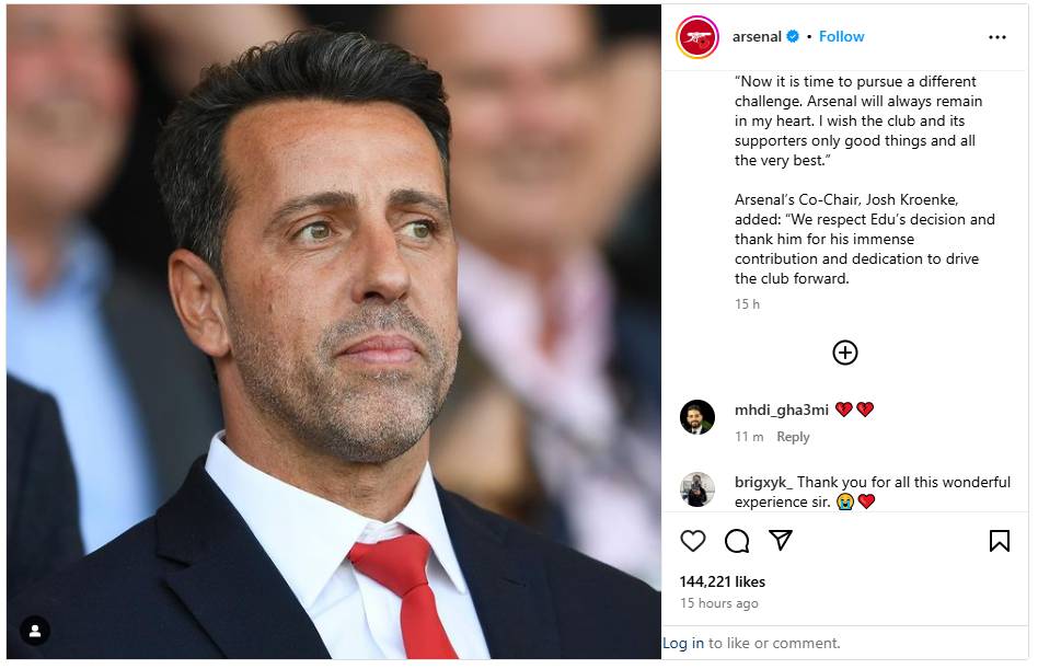 Arsenal sporting director Edu Gaspar addresses ‘challenging’ resignation