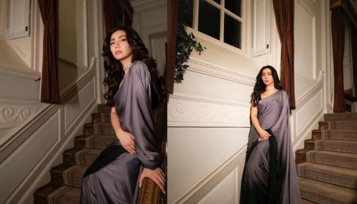 Mahira Khan slipped in a grey silk saree for a UK fan meet and greet session