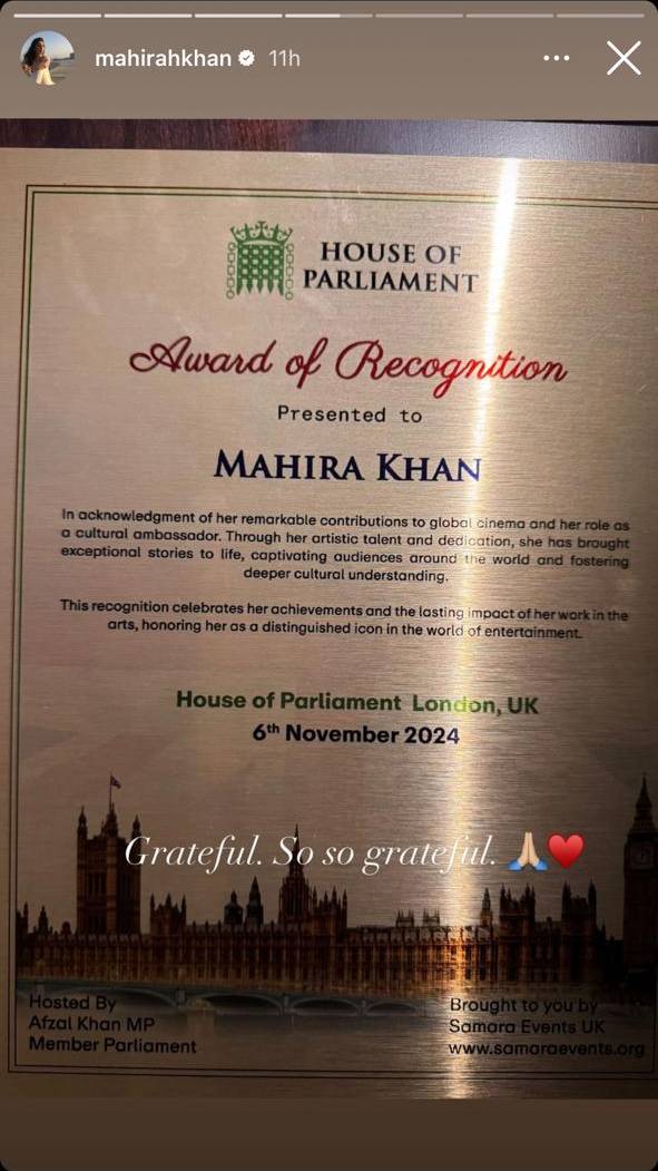 Mahira Khan wins Lifetime Achievement Award by UK Parliament