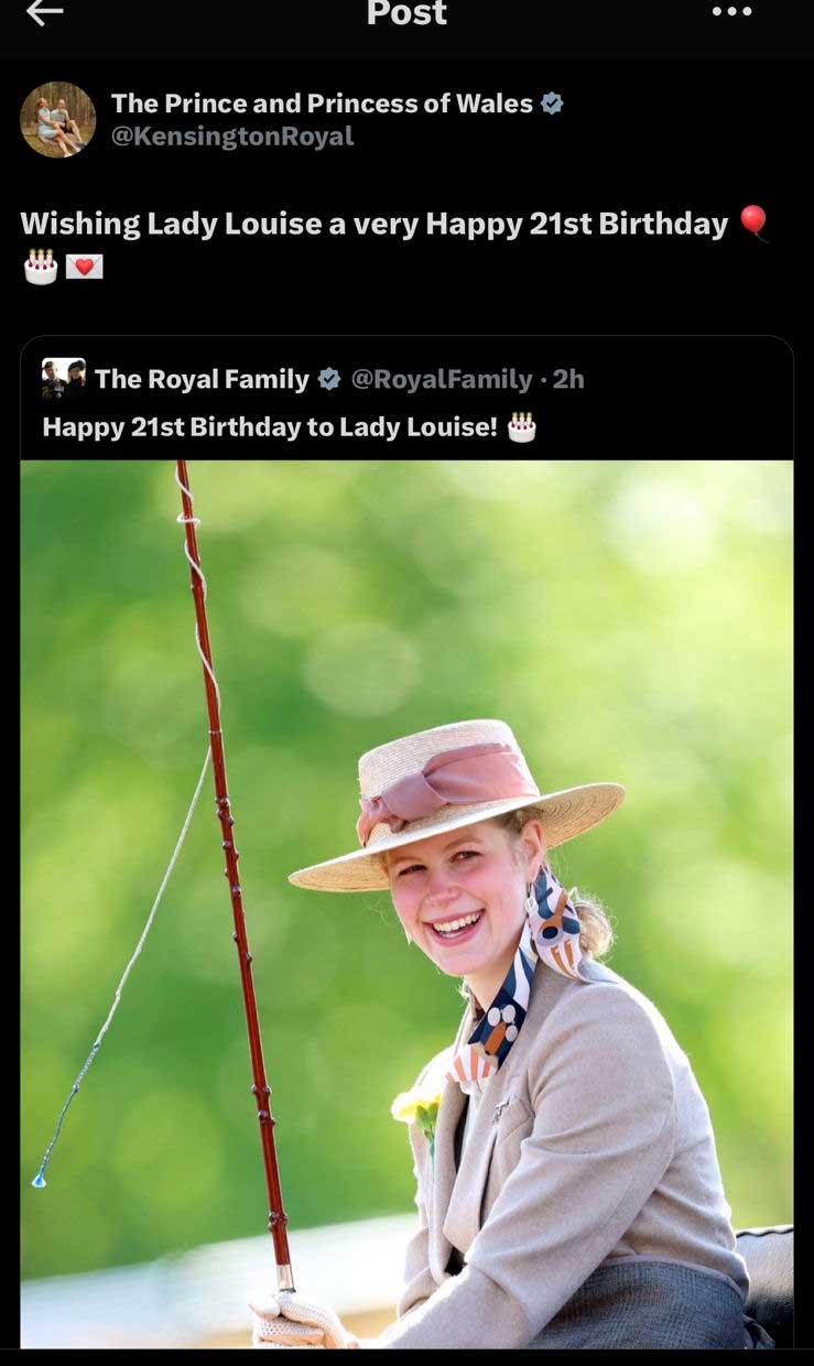 King Charles, Prince William, Kate Middleton wish 21st birthday to Lady Louise