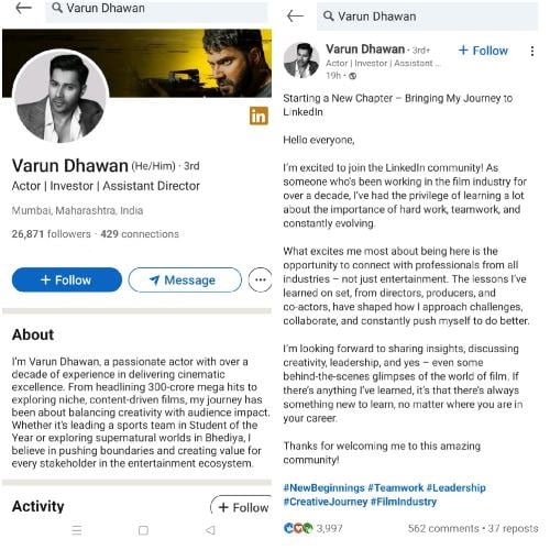 Varun Dhawan impresses fans with professional bio on LinkedIn