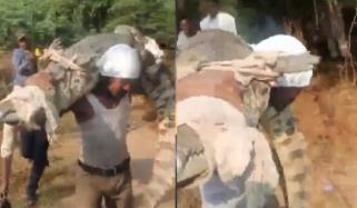 بھارتی نوجوان نے 20 فُٹ لمبا زندہ مگرمچھ کندھوں پر اٹھا لیا