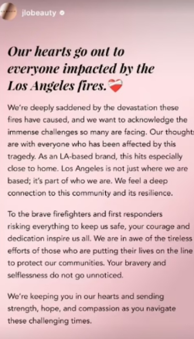 Jennifer Lopez makes emotional statement for victims affected by LA fires