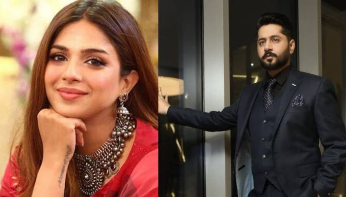 Imran Ashraf, Sonya Hussyn pose together on sets of Masoom