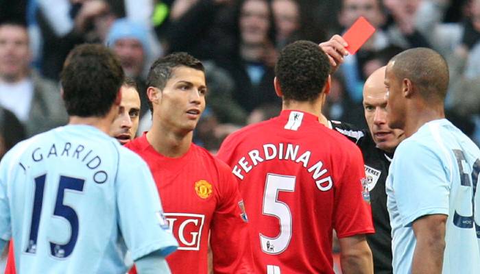 How often Cristiano Ronaldo faces red card incidents in his career?