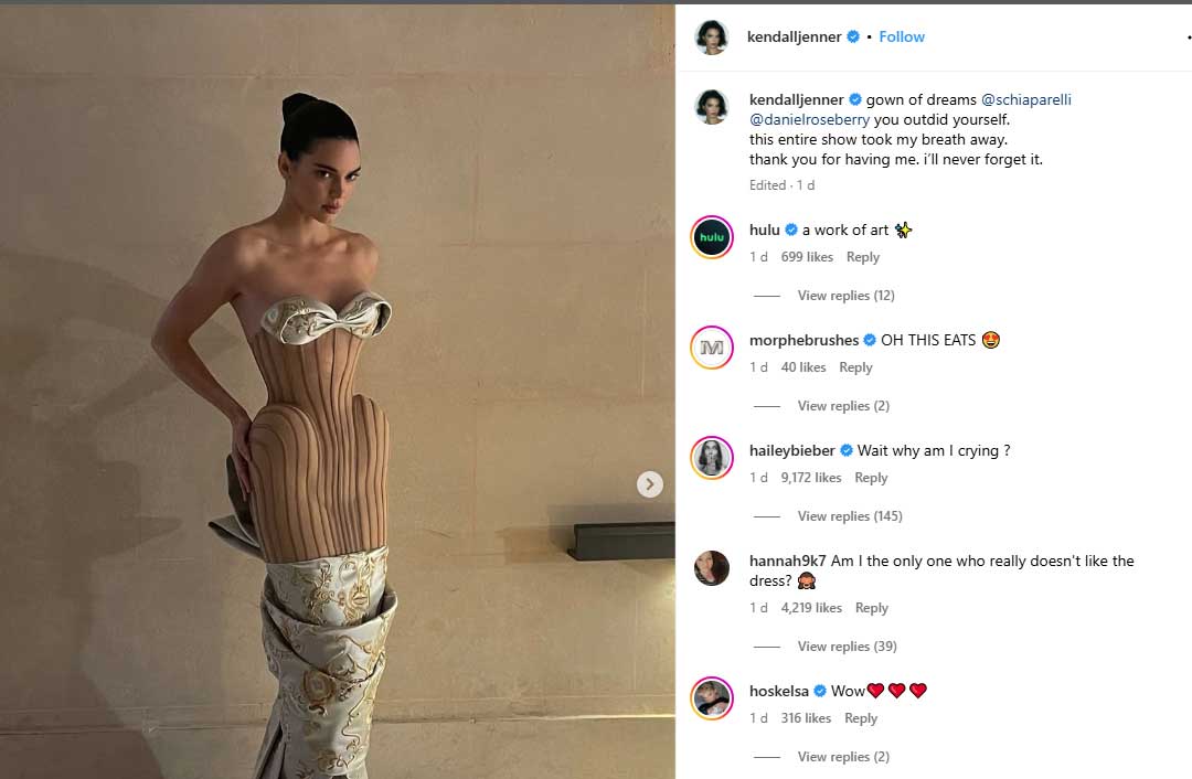 Hailey Bieber praises Kendall Jenner after her Schiaparellis show appearance