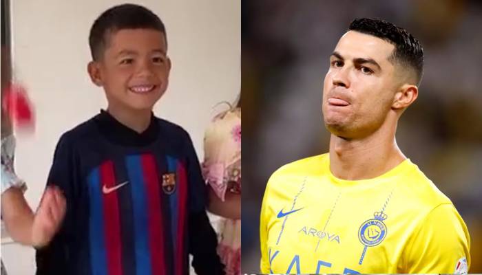 Cristiano Ronaldo reacts humorously as his son admires different football star