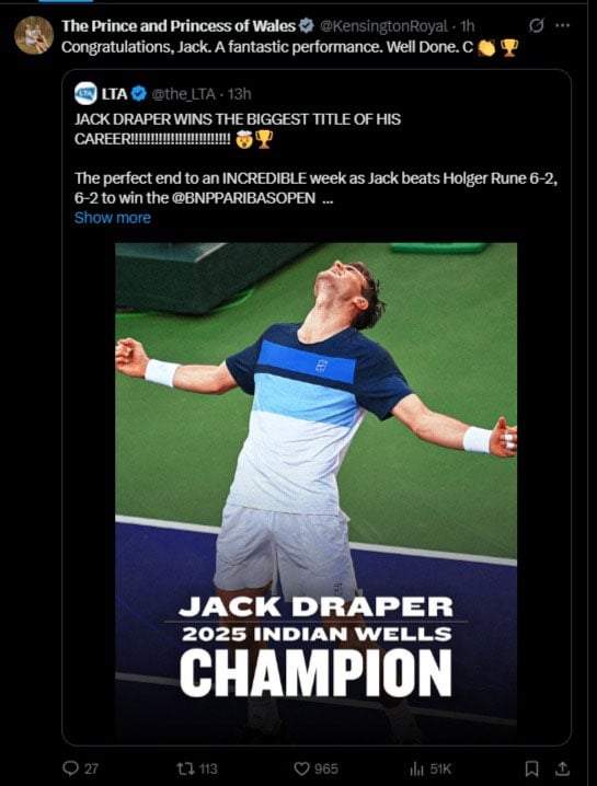 Kate Middleton congratulates Jack Draper on Indian Wells win: ‘Well done’