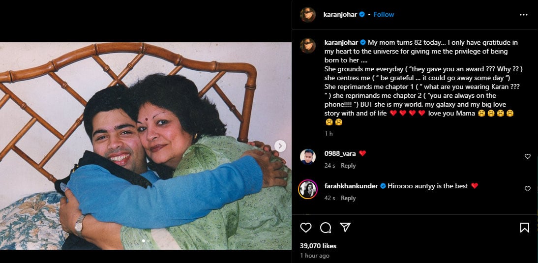 Karan Johar pens heartfelt wish for mom on 82nd birthday