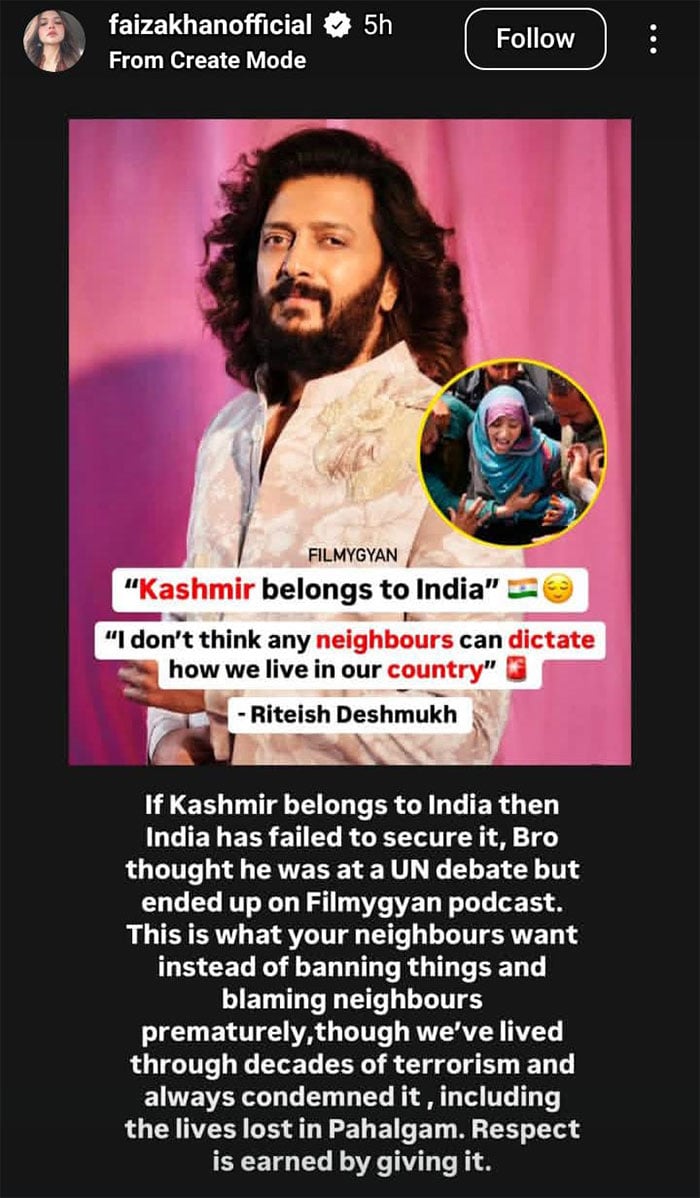 رتیش دیشمکھ کا مقبوضہ کشمیر سے متعلق بیان، فائزہ خان نے آڑے ہاتھوں لے لیا