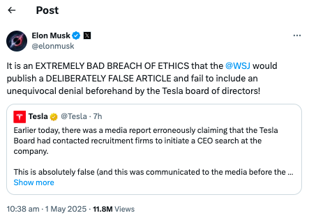 Elon Musk slams WSJ over claims of Tesla CEO replacement search
