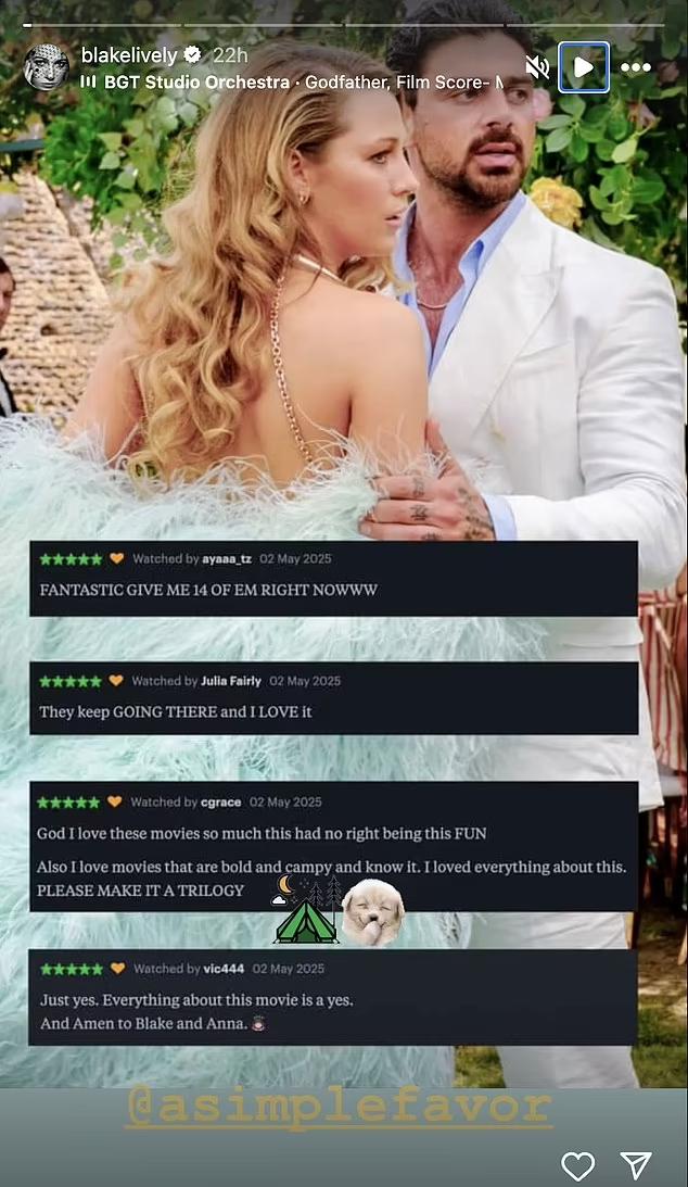 Blake Lively shares positive reviews of Another Simple Favor despite online criticism