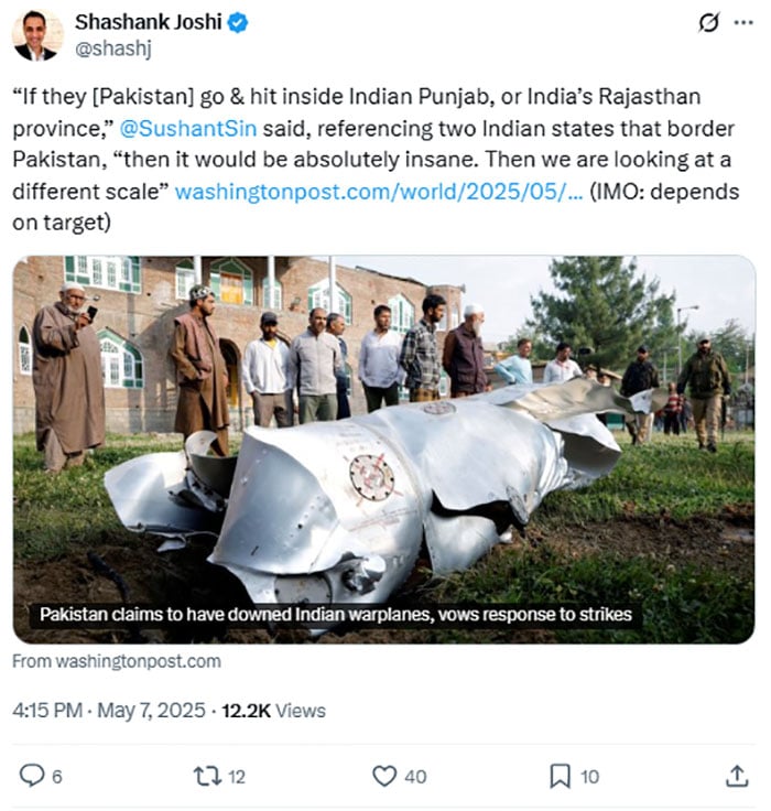 پاک فضائیہ نے بھارتی طیارے مار گرائے ہیں تو انڈین ایئرفورس کا بھاری نقصان ہے، ایڈیٹر دی اکانومسٹ