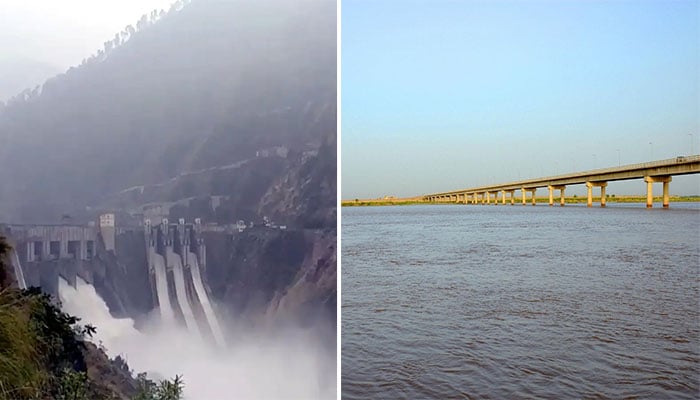 دائیں جانب دریاے چناب جبکہ بائیں بھارت کا بگلیہار ڈیم—فائل فوٹوز