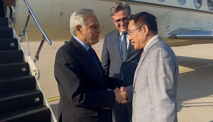 ایئرپورٹ پر سینئر چینی حکام اور چین میں پاکستانی سفیر خلیل ہاشمی نے استقبال کیا ۔ فوٹو پی آئی ڈی