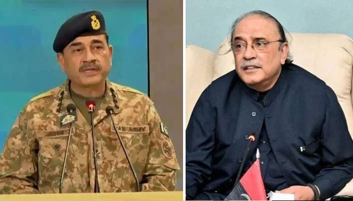 صدرِ مملکت آصف علی زرداری اور فیلڈ مارشل عاصم منیر—فائل فوٹوز
