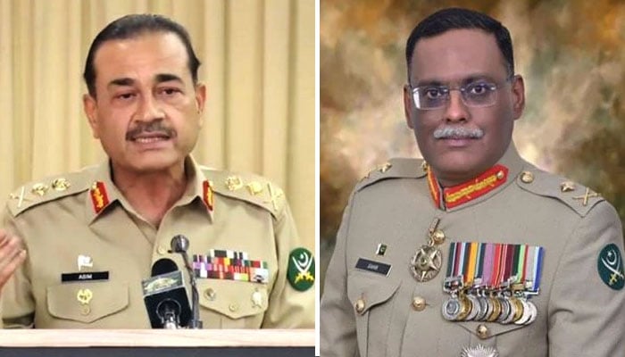 چیئرمین جوائنٹ چیفس آف اسٹاف کمیٹی جنرل ساحر شمشاد مرزا اور فیلڈ مارشل سید عاصم منیر —فائل فوٹوز