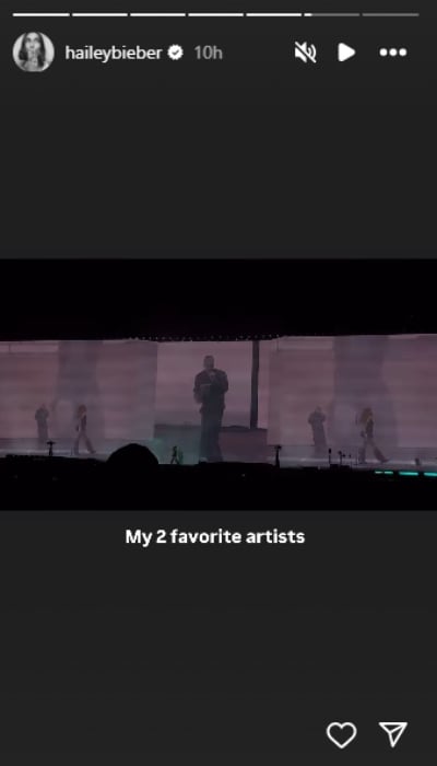 Hailey Bieber reacts to Justin, SZAs steamy Grand National Tour performance