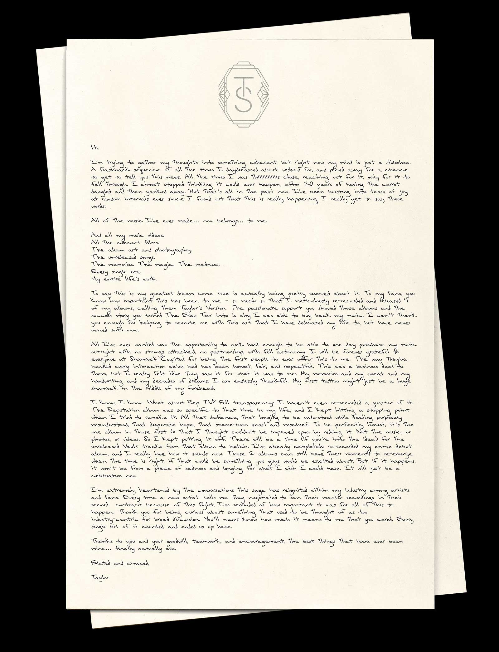 Taylor Swift announces full ownership of her first six albums in emotional letter
