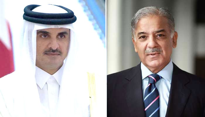 وزیرِاعظم شہباز شریف اور قطر کے امیر شیخ تمیم بن حمد الثانی—فائل فوٹوز