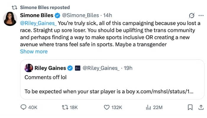 Simone Biles slams Riley Gaines over transgender sports debate