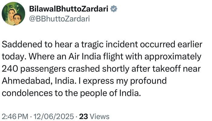 بلاول بھٹو کا بھارتی مسافر طیارہ حادثے پر افسوس کا اظہار