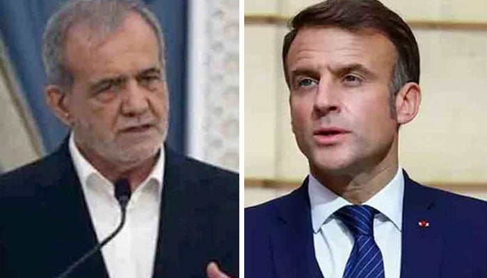 فرانسیسی صدر میکرون اور ایرانی صدر مسعود پزشکیان—فائل فوٹوز