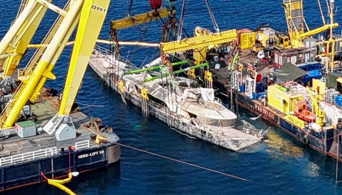 Bayesian superyacht raised near Sicily 10 months after tragic sinking