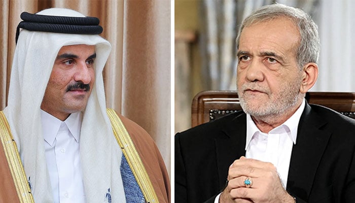 ایران کے صدر مسعود پزشکیان نے قطر کے امیر تمیم بن حمد الثانی—فائل فوٹوز