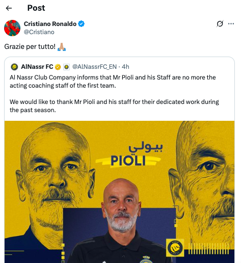 Cristiano Ronaldo bids farewell to Pioli as Al-Nassr hunt new manager