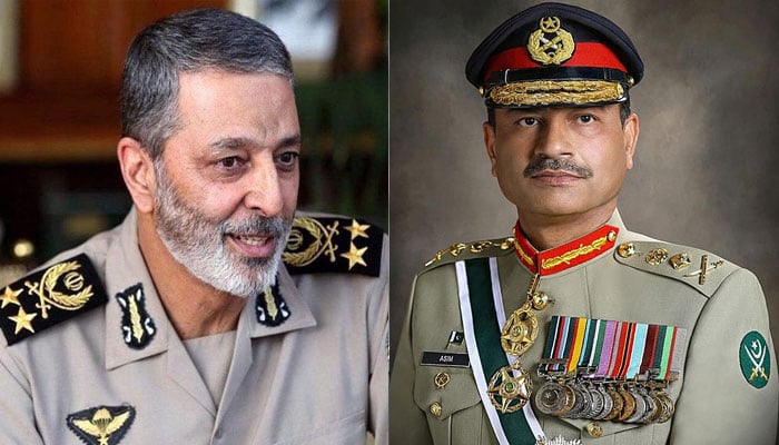 فیلڈ مارشل عاصم منیر اور ایرانی آرمی چیف میجر جنرل سید عبدالرحیم موسوی—فائل فوٹوز