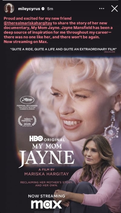 Miley Cyrus gives huge shout out to pal Mariska Hargitays My Mom Jayne