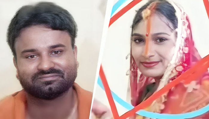 شوہر کو قتل کروانے والی گونجا سنگھ، بائیں تصویر میں مقتول شوہر پریانشو—تصویر بشکریہ بھارتی میڈیا
