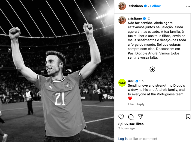 Cristiano Ronaldo pays emotional tribute to Diogo Jota after tragic car crash