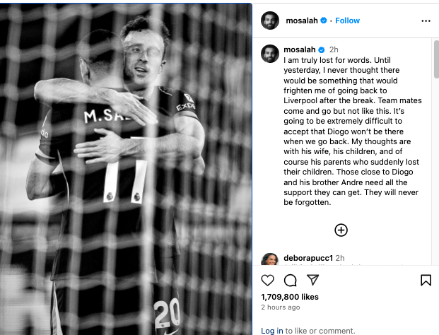 Mohamed Salah pays heart-wrenching tribute to Diogo Jota following tragic death